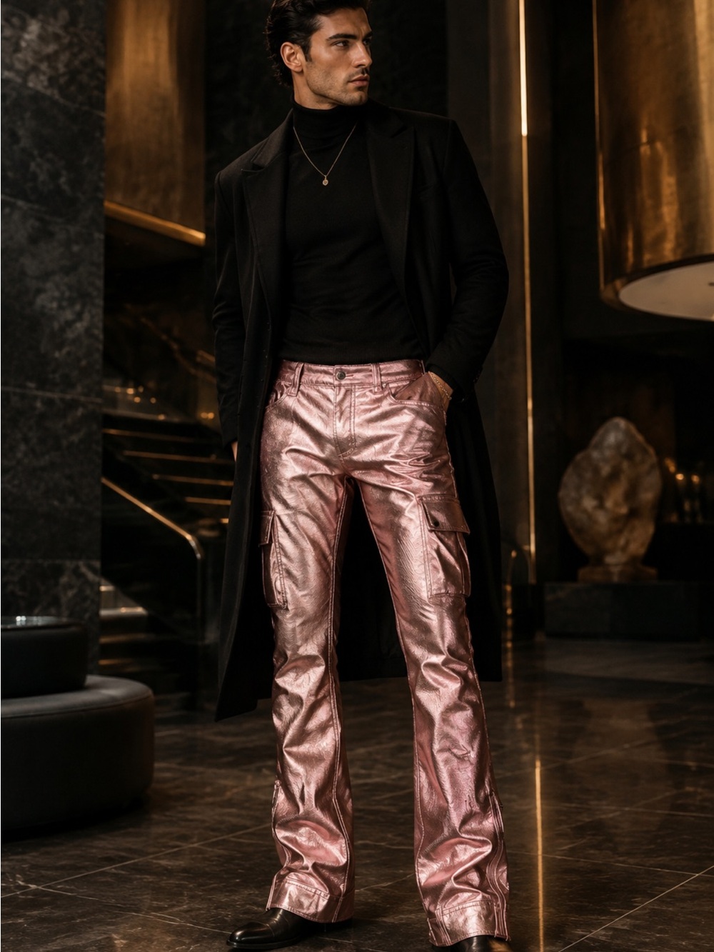 Metallic Rose Cargo Pants for Men - Stylish Pink Statement Valabasas Pants 29
